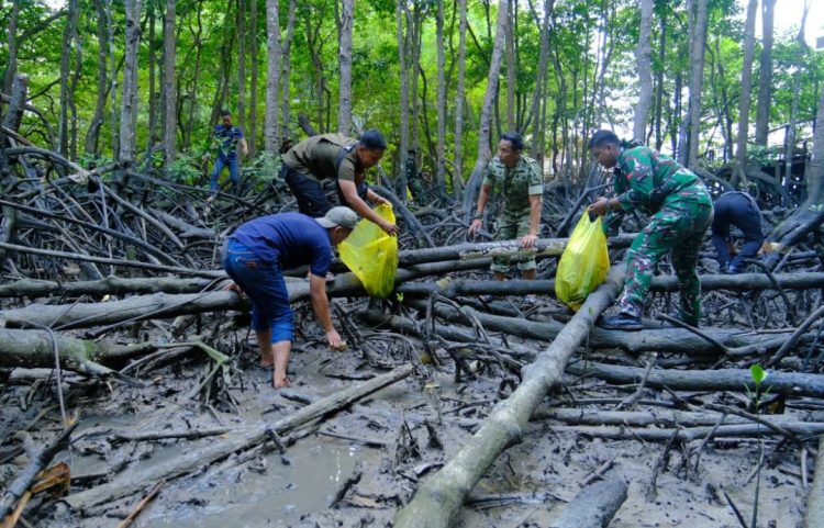 Tindak Lanjut Arahan Presiden, Pendam VI/Mlw dan Yonzipur 17/AD Bersihkan Kawasan Wisata Mangrove