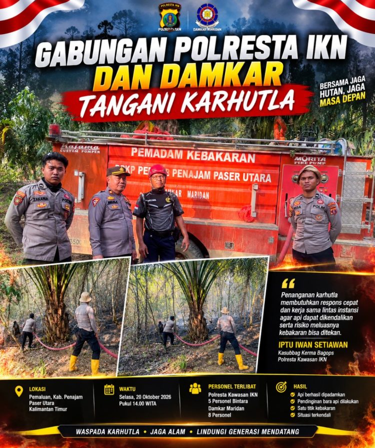Polresta IKN Bersama Damkar Padamkan Karhutla di Pemaluan, Lanjutkan Pendinginan